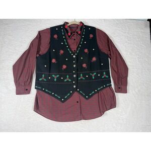 Vintage Karen Scott‎ II Christmas Shirt Vest Set Womens 2X Red Plaid Embroidered